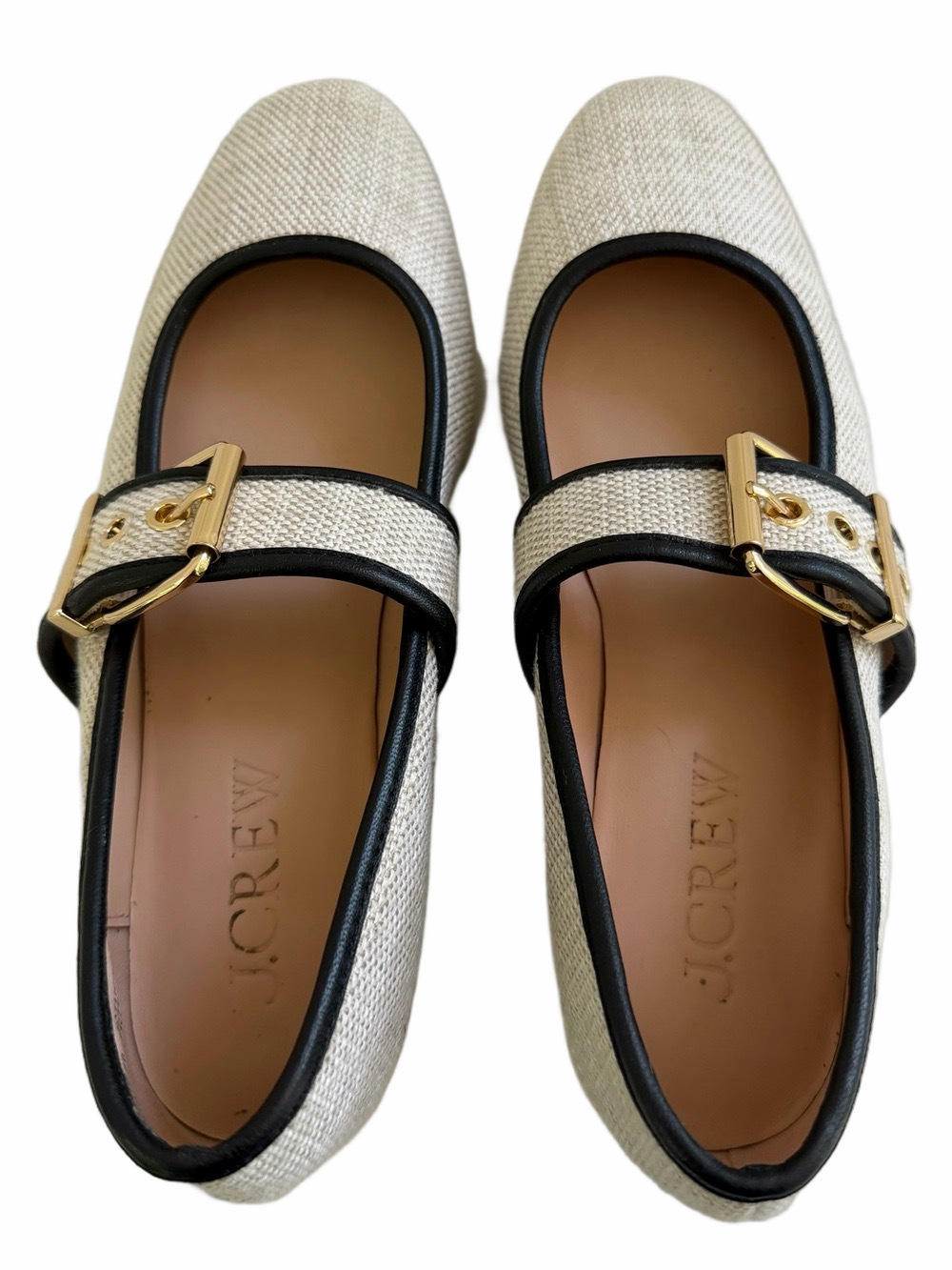 J. Crew Teagan Mary Jane’s Spanish Canvas Gold Buckle Leather Textile 2025 Sz 7 - Picture 7 of 15